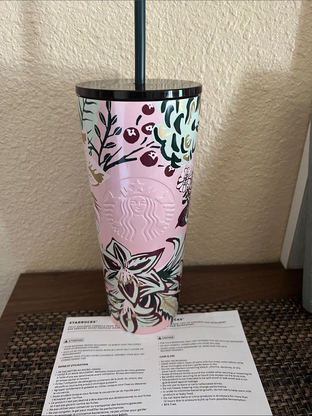Starbucks Pink Floral Pattern Tumbler with Dark Lid stainless steel nwt